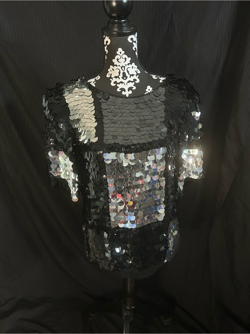 Oleg Cassini Black Sequin Short Sleeve Top